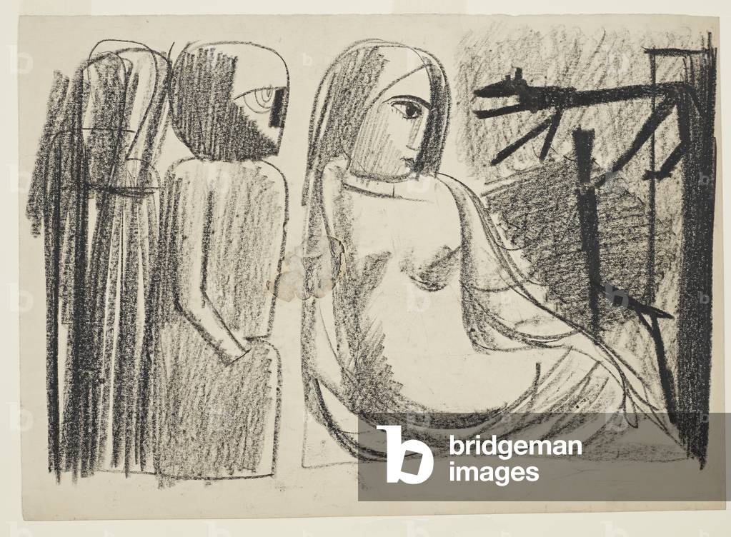 Two figures and a seated woman by Mario Sironi, b/w
