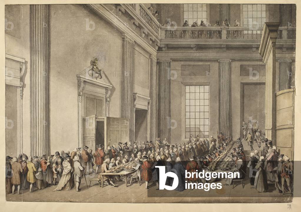 Der Gründungs-Service im Banketthaus, Whitehall. Das Innere einer neoklassizistischen Kapelle; Männer und Frau