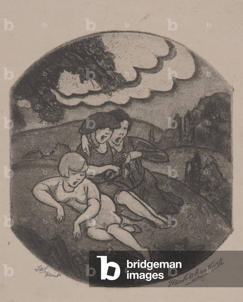 Ohne Titel (Drei junge Frauen singen in einer Landschaft) (Radierung)