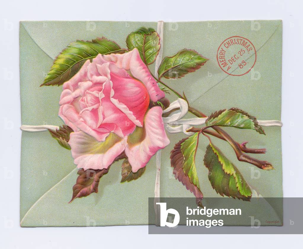image-of-a-victorian-die-cut-shape-christmas-card-of-a-single-pink-by-english-school-19th-century