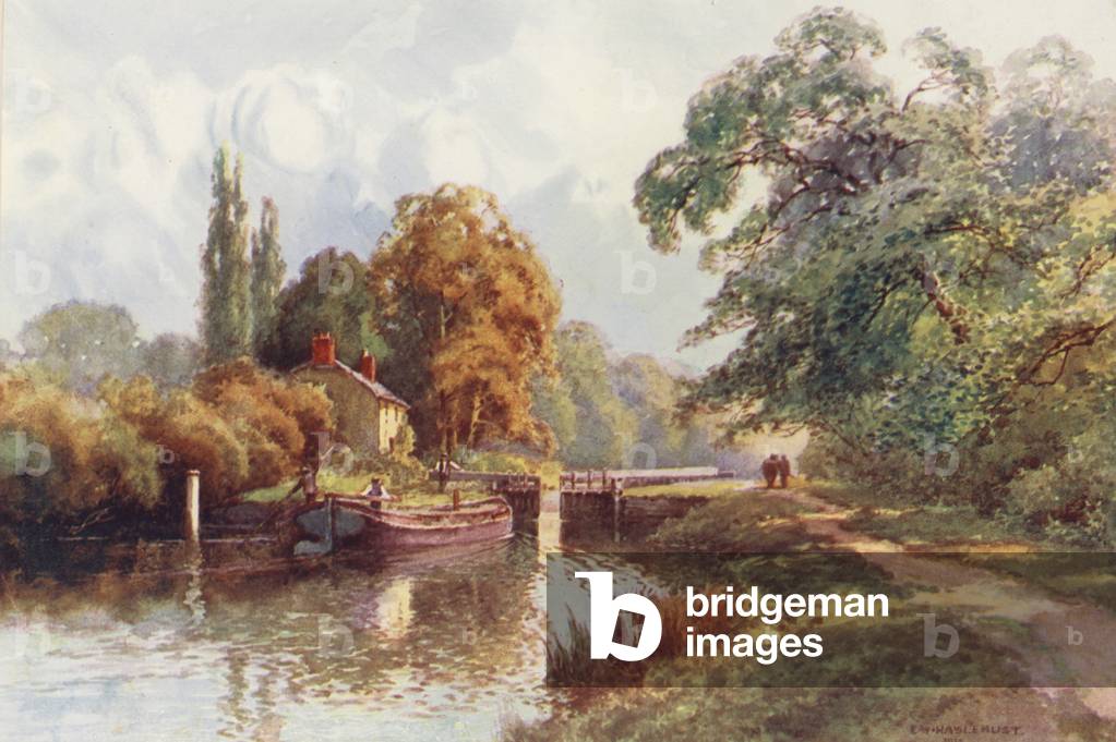 Image of Print depicting River Thames: Sonning Lock (colour litho) by Ernest William Haslehust