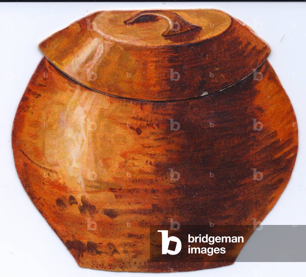 A Victorian die cut greeting card in the shape of a ceramic pot, c 1880