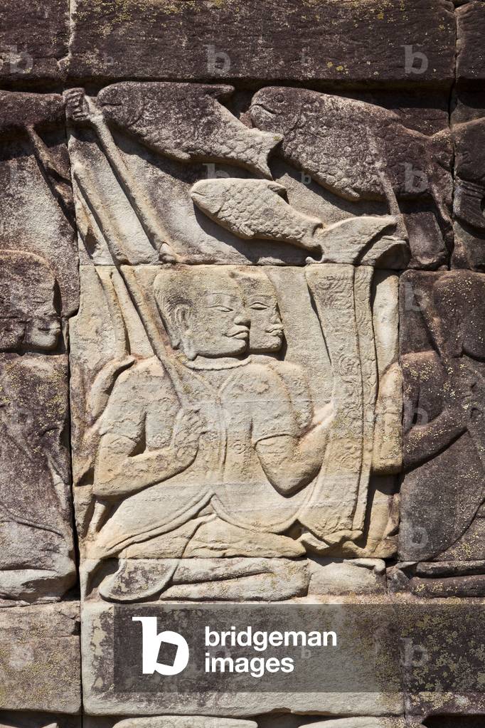 Basreliefs an der Südseite des Bayon-Tempels, die Khmer-Soldaten darstellen, die in die Schlacht ziehen, archä