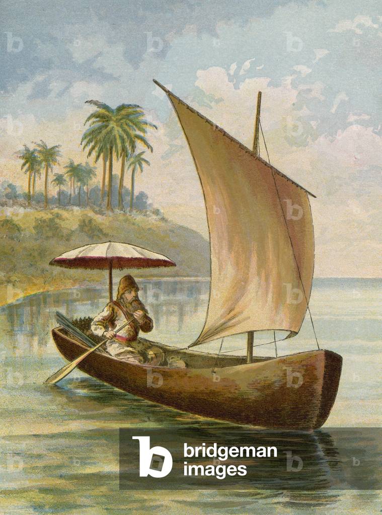 Robinson Crusoe vela nella sua barca (chromolito)