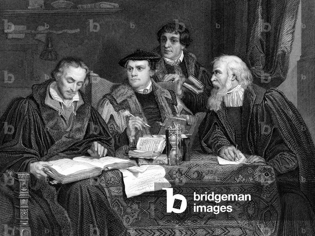 Immagine di Incisione "Teologi protestanti raffigurati mentre lavorano alla traduzione della Bibbia di Lutero 