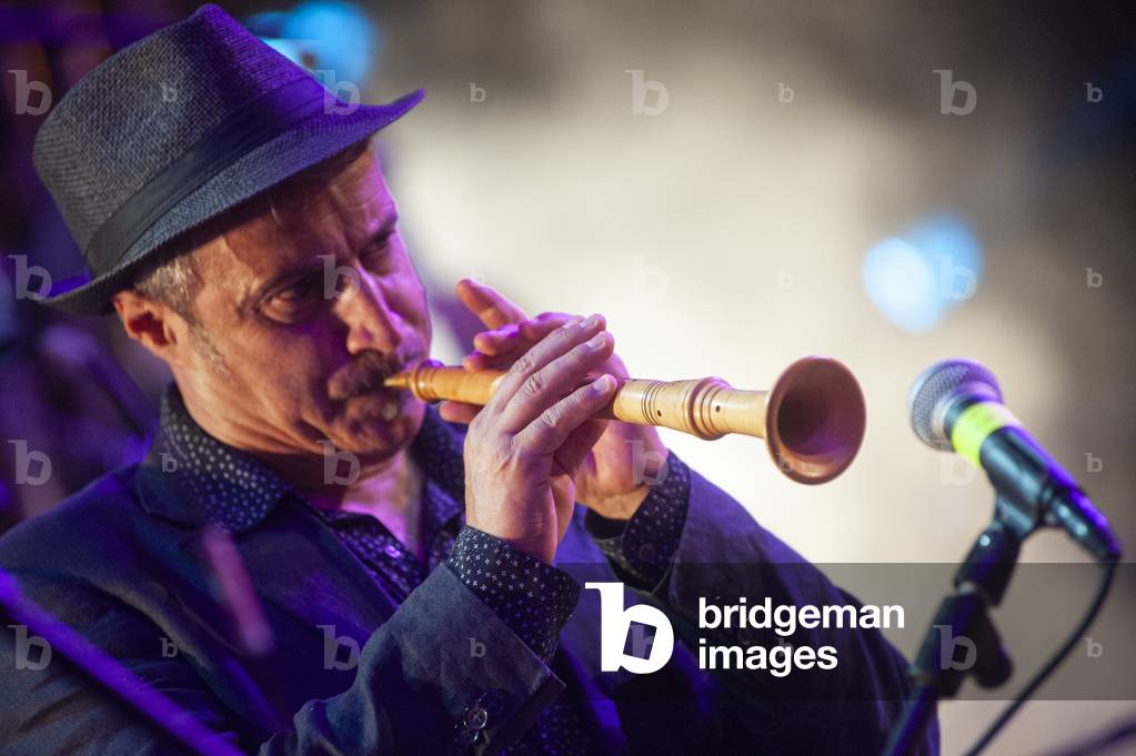 Image de Photographie représentant Le joueur de violon du Popular Orchestra d'Ambrogio Sparagna en concert au 