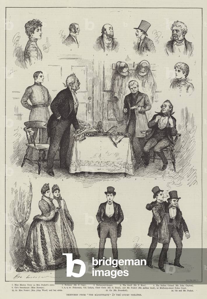 Croquis de “The Magistrate” au Théâtre de la Cour (gravure) 1885 par fl.1880-1925) Ludlow