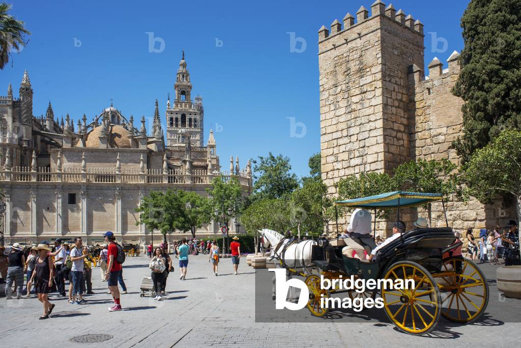 Cavallo e giro in carrozza con Giralda e pareti del Real Alcazar Siviglia, Spagna (foto)