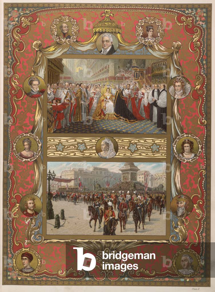 Two plates: top plate shows Queen Victoria's coronation; bottom plate is a scene in Trafalgar Square.