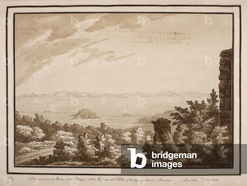 "'Una vista presa dalle rovine del palazzo della regina dell'Elba sulla costa opposta della Toscana '.", b/w