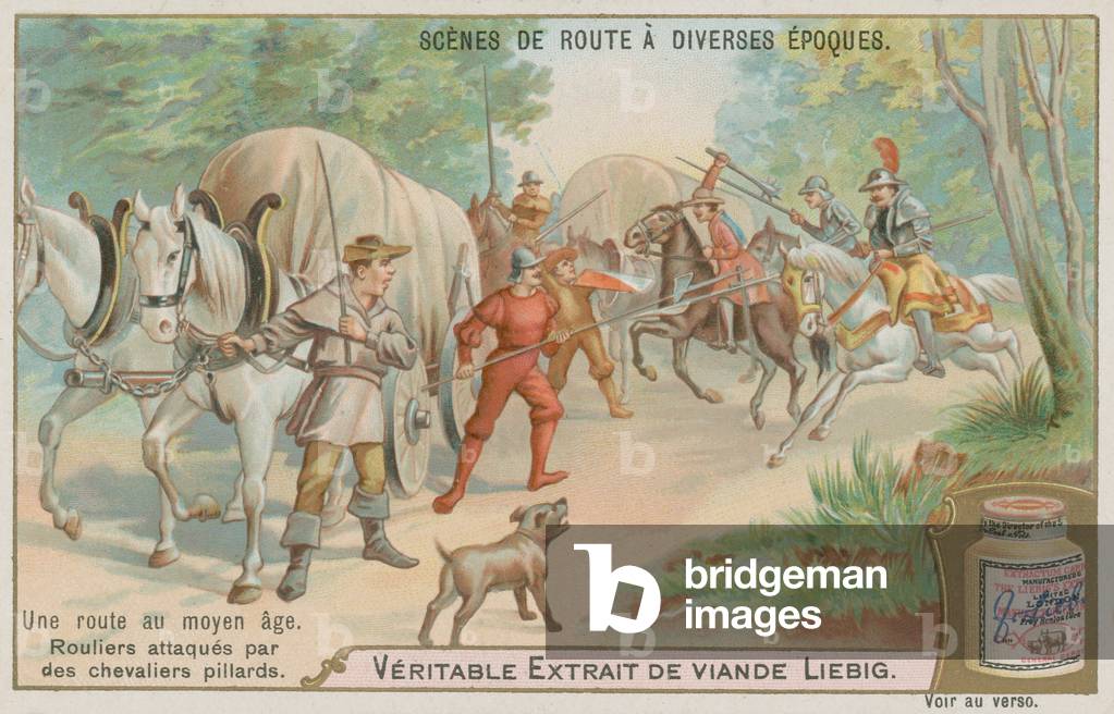 Mittelalterliche Carters angegriffen von Banditen (chromolitho)