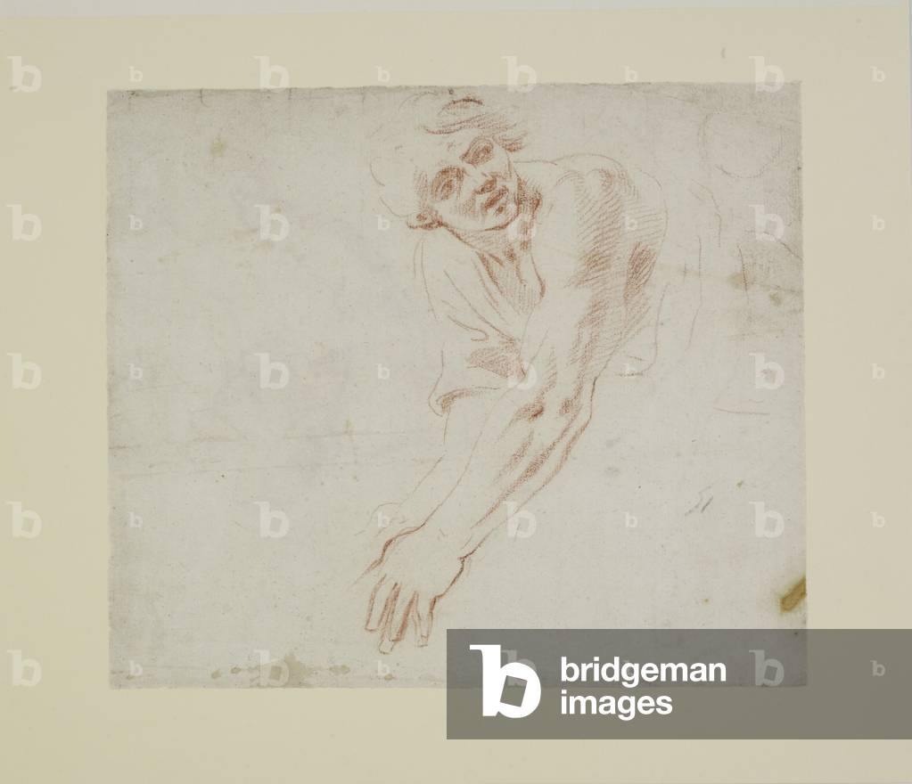 Ein Mann, der mit beiden Armen greift (rote Kreide auf Papier)