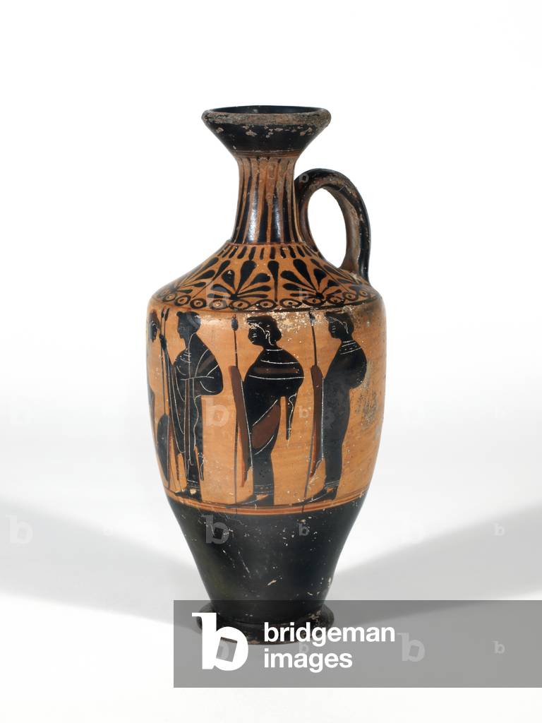 Lekythos zeigt Krieger, die sich um die Schlacht bewaffnen, 510-500 v. Chr. (Ton, schwarz) [siehe 5938245 und 