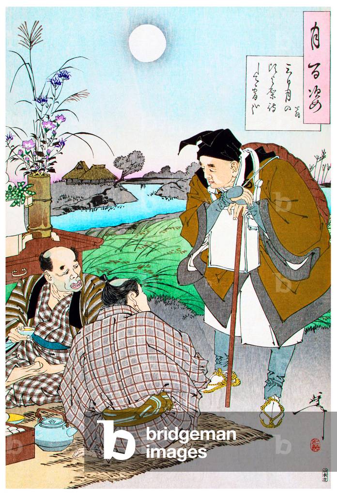 Immagine di Stampa "Giappone: il poeta errante Matsuo Basho incontra due uomini" 1801 di Tsukioka Yoshitoshi