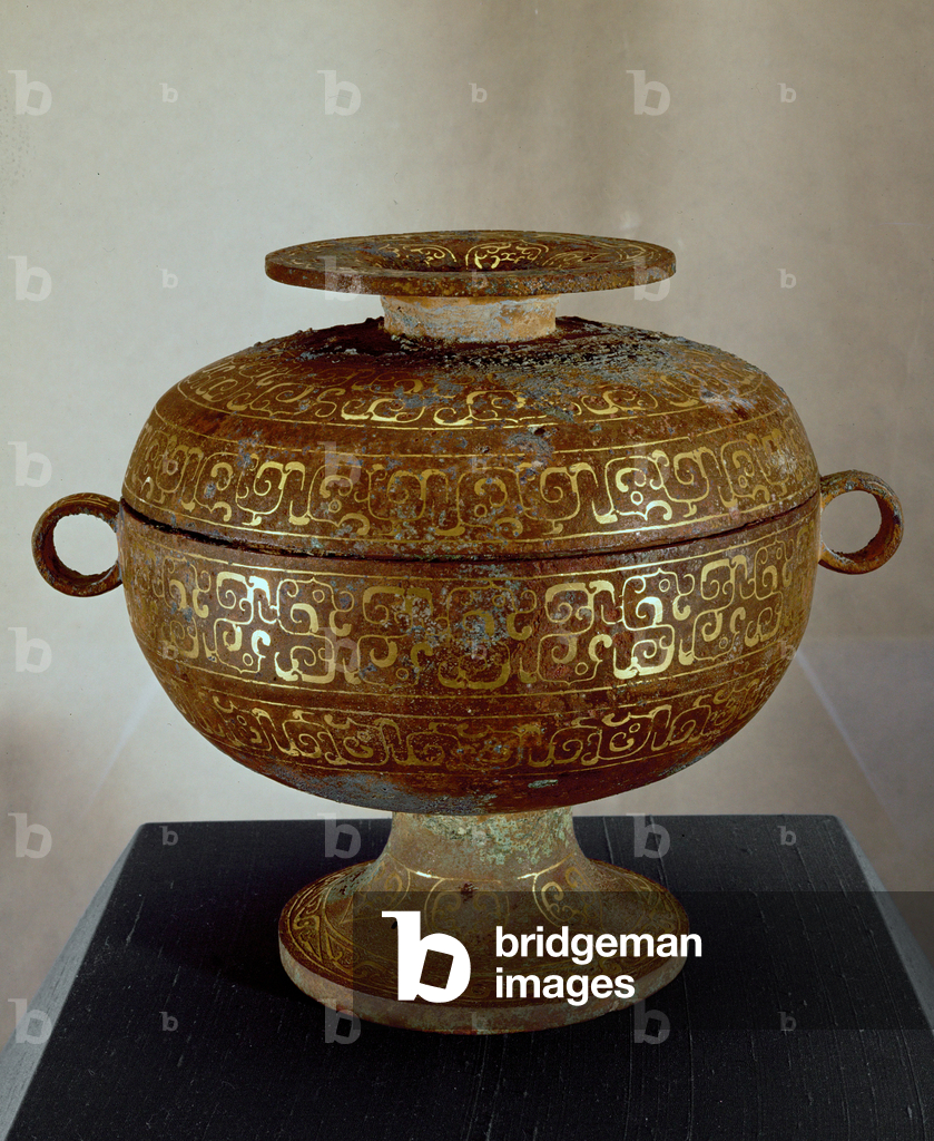 Vaso con piedistallo in bronzo Tou intarsiato con motivo di drago d'oro a volute (bronzo)