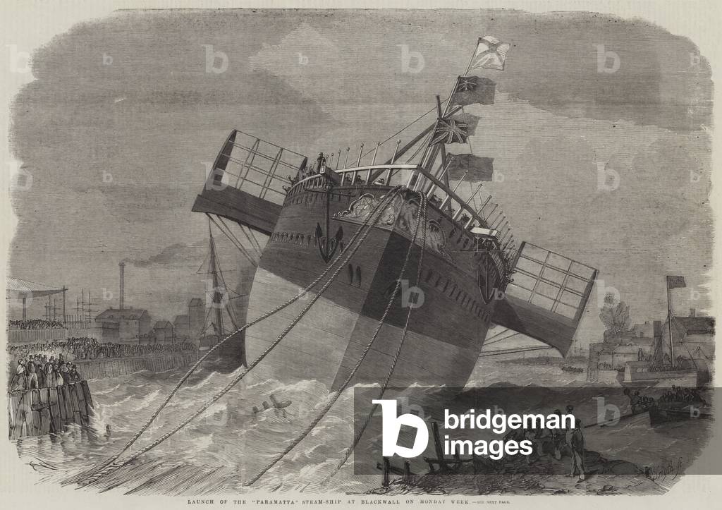 Launch of the "Paramatta" Steam-Ship at Blackwall on Monday Week (engraving)