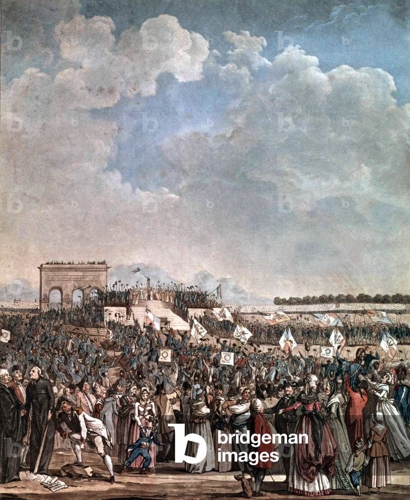 Französische Revolution: Fete de la Federation beim Champ de Mars in Paris, 14. Juli 1790: LaFayette Eid, Grav