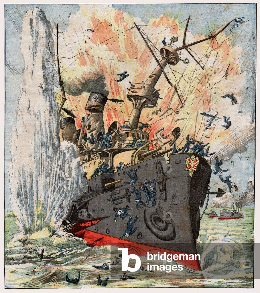 Russisches Kriegsschiff von einer japanischen Mine in Port Arthur versenkt, 1904 (Druck)