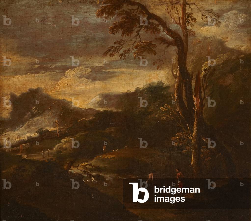 Un paesaggio fluviale montagnoso con figure (olio su tela)