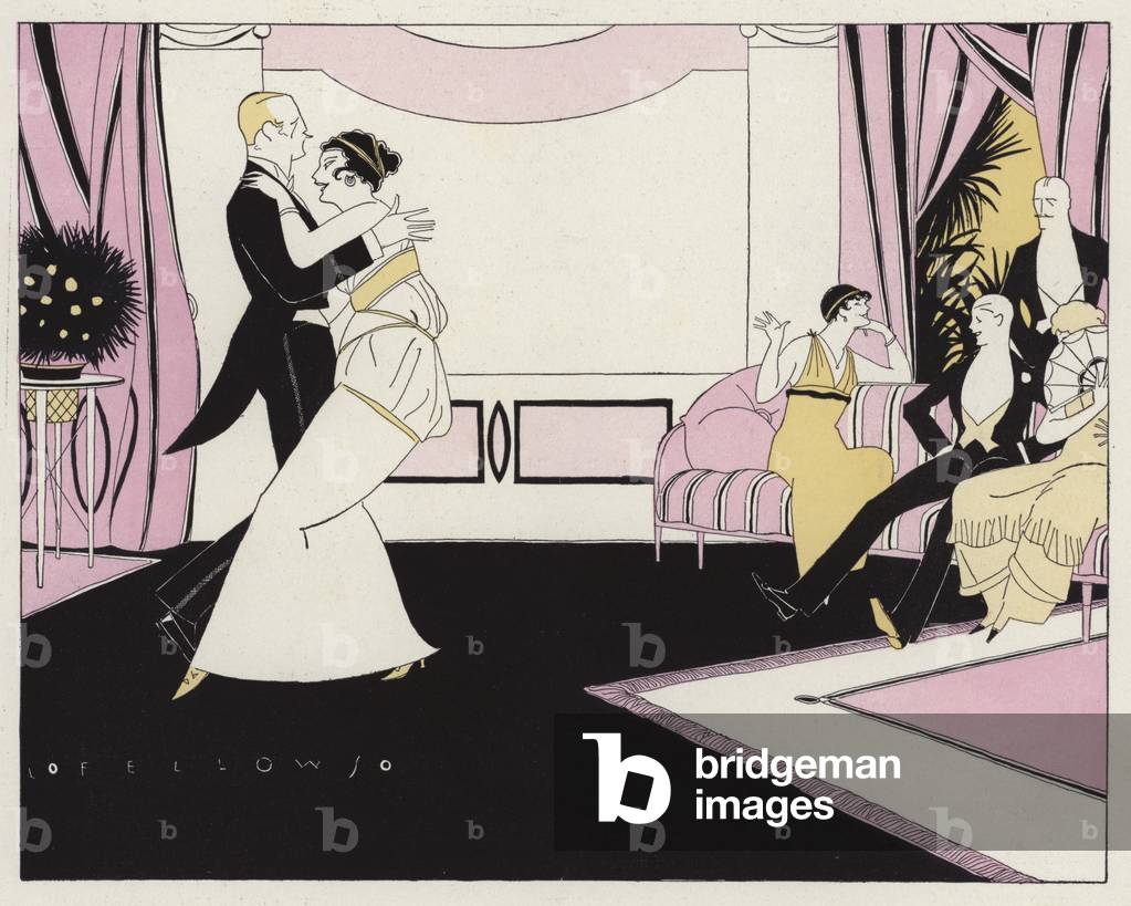 Guests at an evening party gossiping about a couple as they dance (colour litho) by American Artist