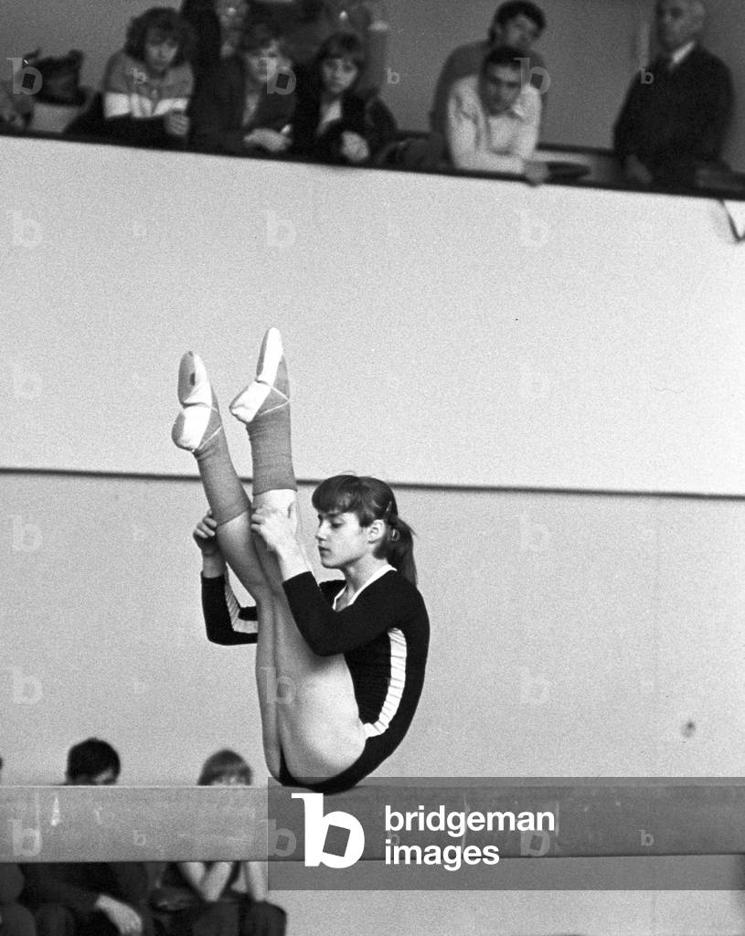 Nadia Comaneci at the 11th European Gymnastics Championships, Prague, 1977 (b/w photo)