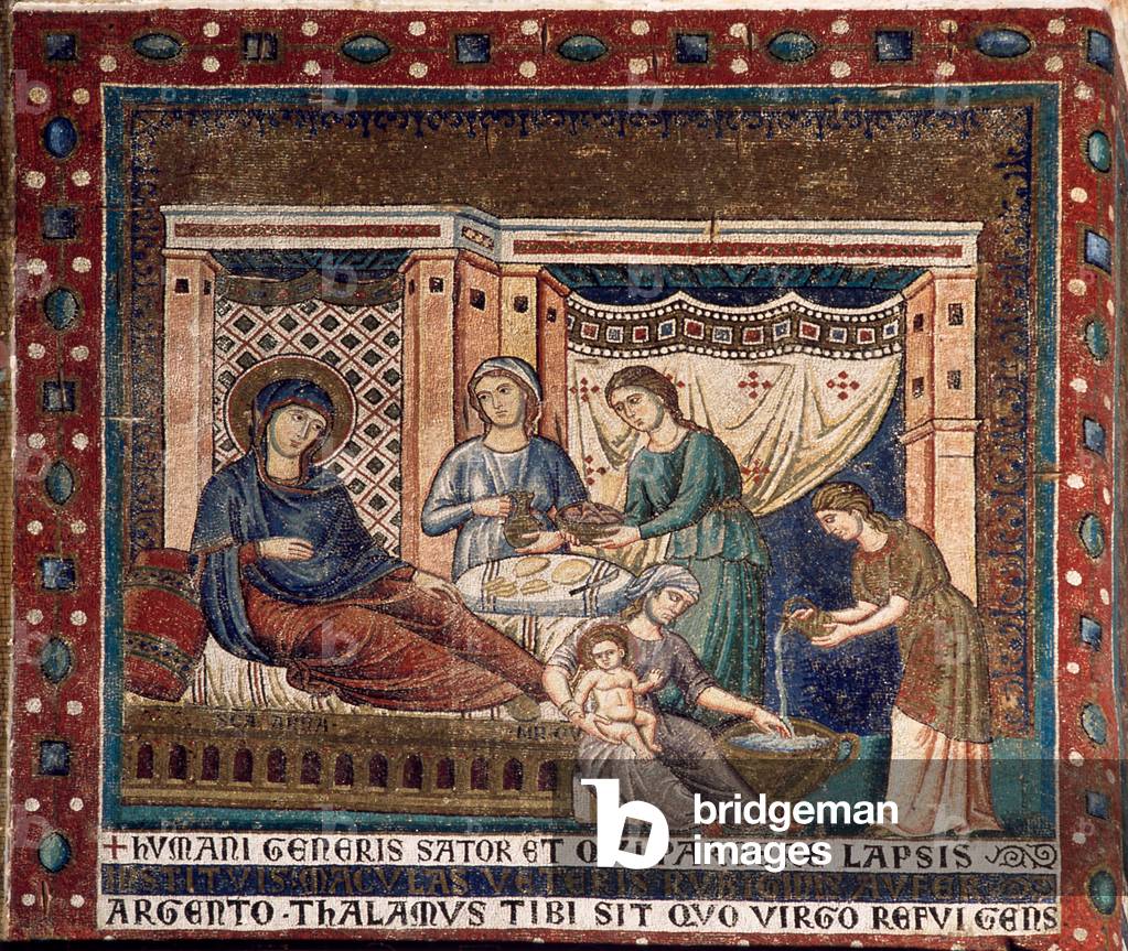 Medieval art : Birth of the Virgin Mary - mosaic - Santa Maria in Trastevere, Rome, Italy XIII century