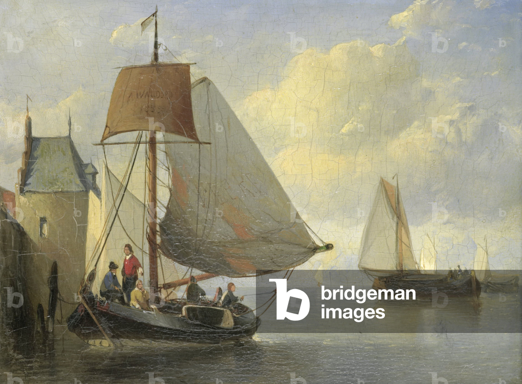 Veduta del fiume con una torre bastionata ispirata alla torre Camperveerse di Veere, 1855 (olio su pannello)