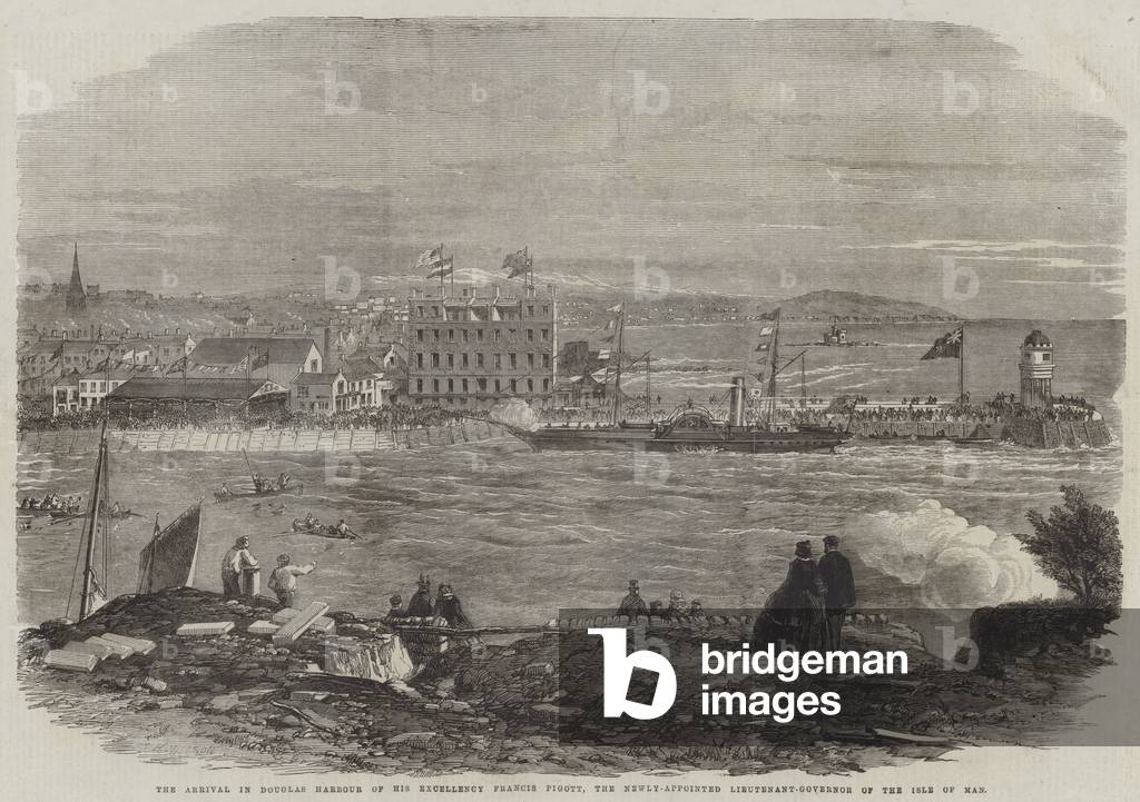 "Die Ankunft in Douglas Hafen von Seiner Exzellenz Francis Pigott" 1861 von Thomas Harrington Wilson, b/w