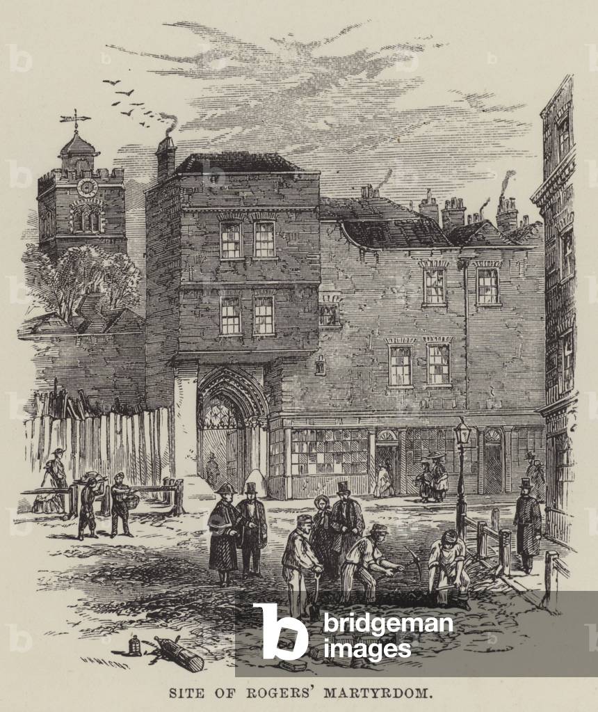 "Site of Rogers' Martyrdom (Gravur)" von English School, b/w