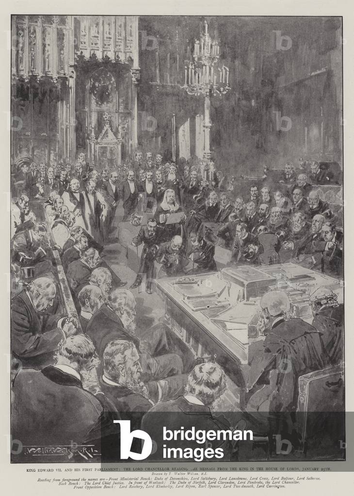 King Edward VII and his First Parliament, the Lord Chancellor reading the Message from the King in the House o