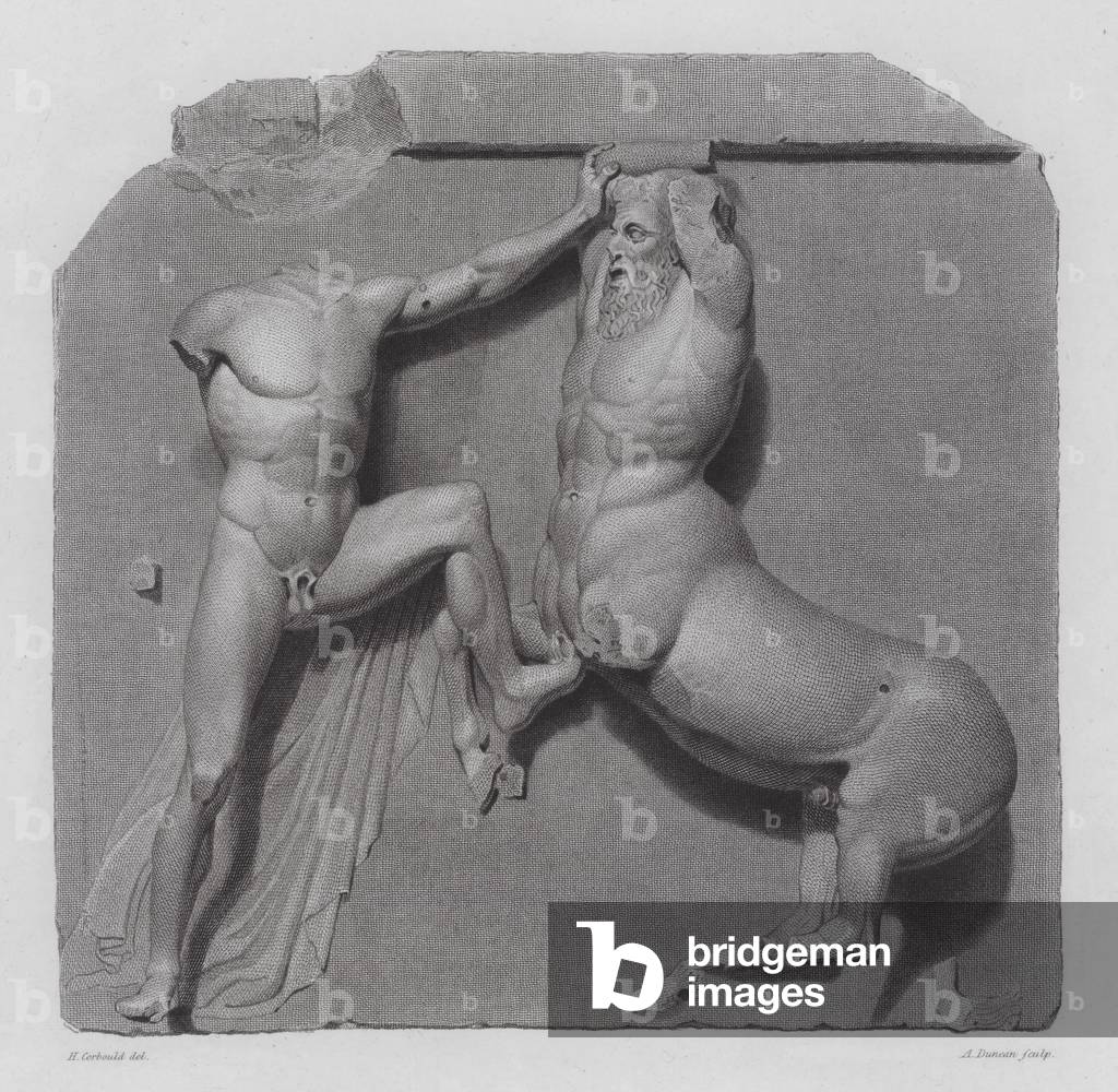 Griechischer Krieger kämpft gegen einen Zentauren, antike griechische Marmorskulptur aus dem Parthenon, Athen 