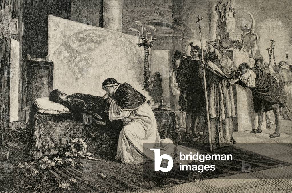 Papst Leo X in Raphaels Sterbebett. Gravur.