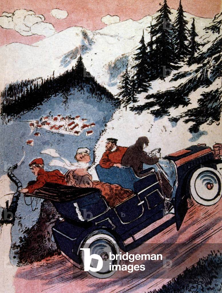 Dessin animé d'une voiture grimpant sur une route de montagne escarpée comme un train [passe en dessous. Franç