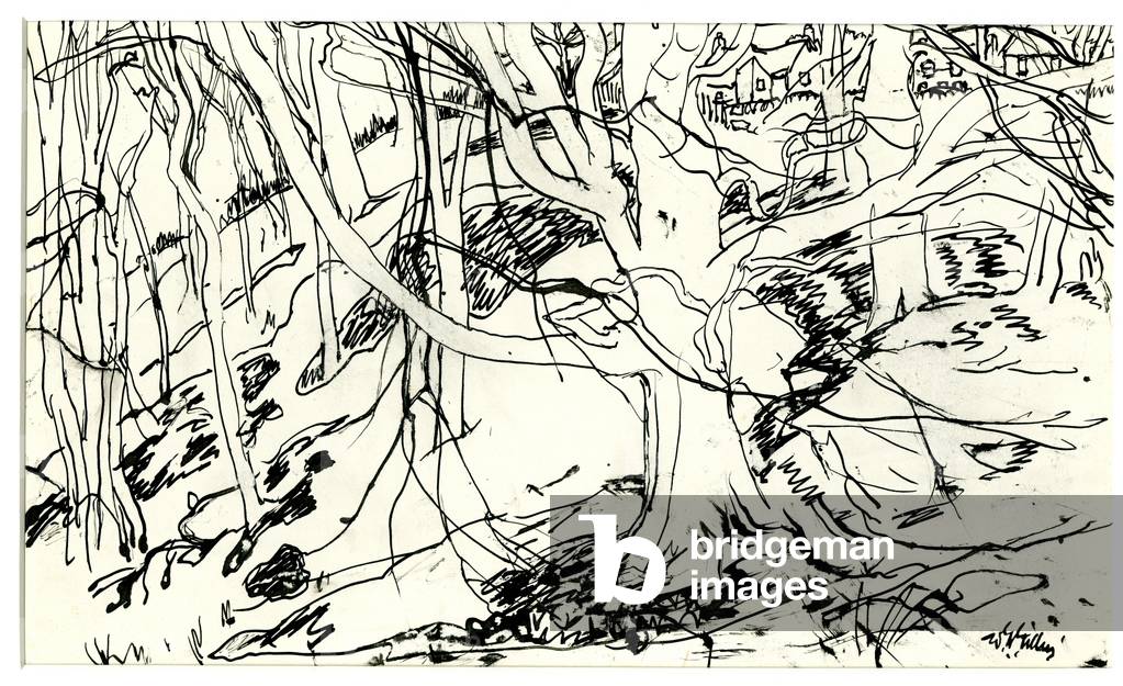 Alberi nudi su una riva, 1920-73 circa (penna e inchiostro su carta)