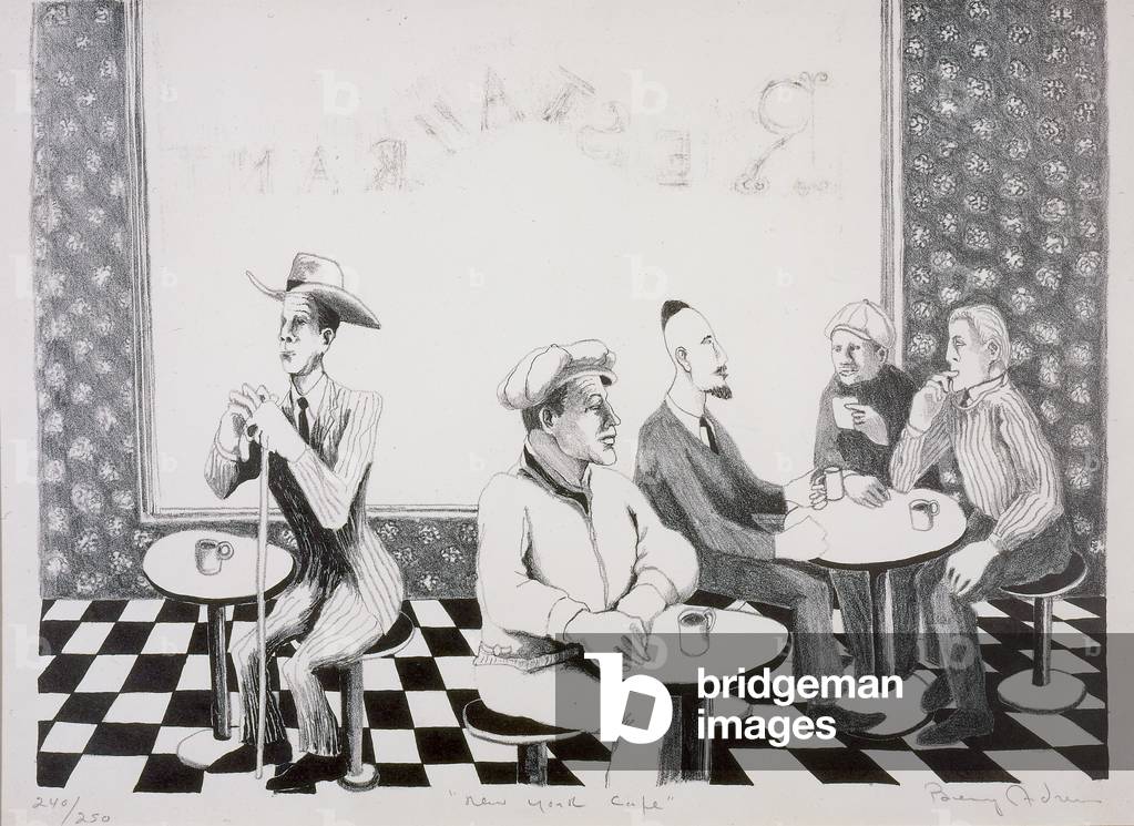 "New York Café (Litho in einer Farbe auf Papier)" von Benny Andrews, b/w