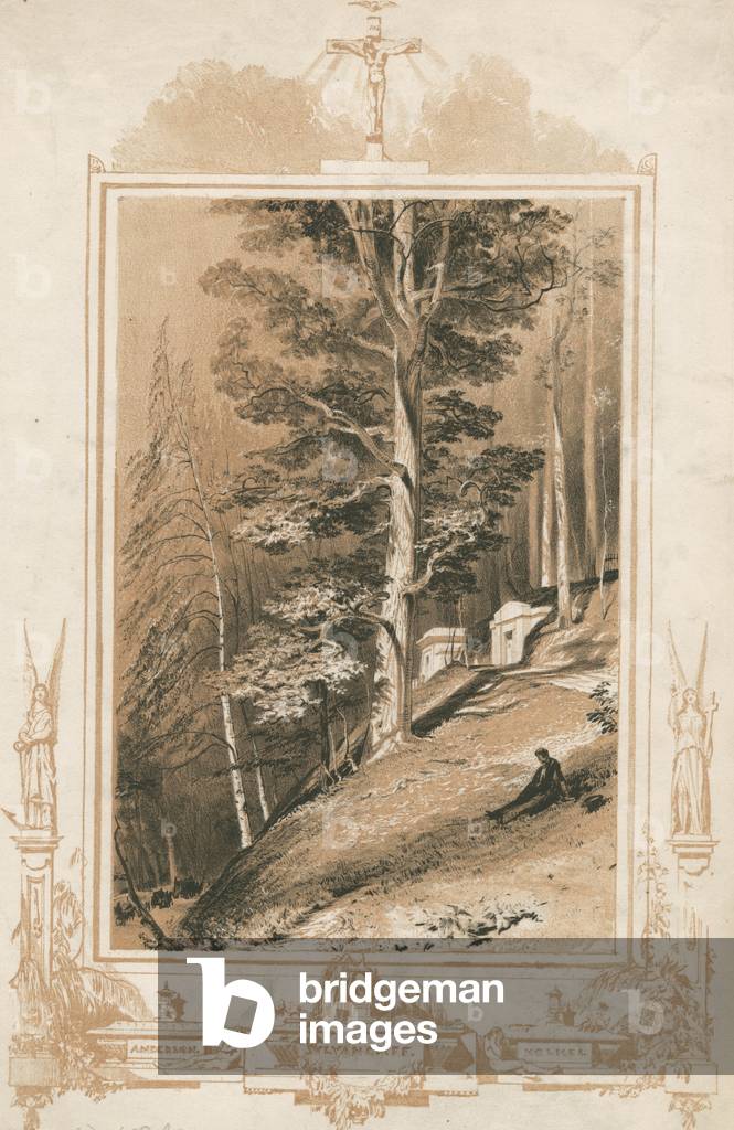 "Vista di un cimitero", c.1855 di American School, b/w