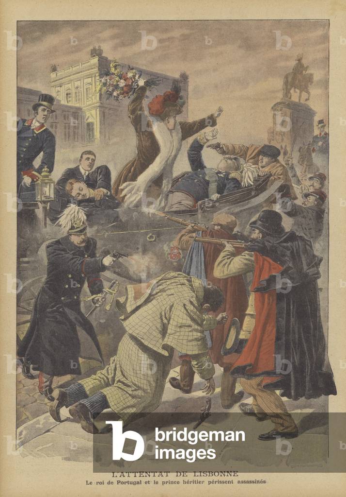 The assassination of King Carlos I and Prince Luis Filipe of Portugal in Lisbon (colour litho)