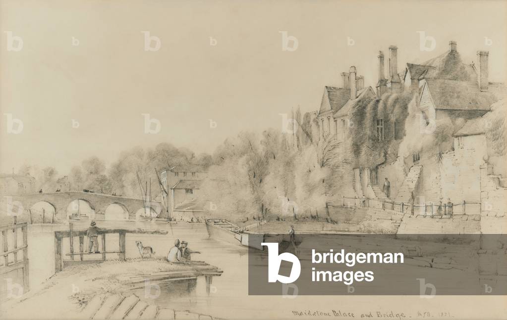 Image of Drawing depicting Maidstone Archbishop's Palace and Bridge 1851 by British Artist