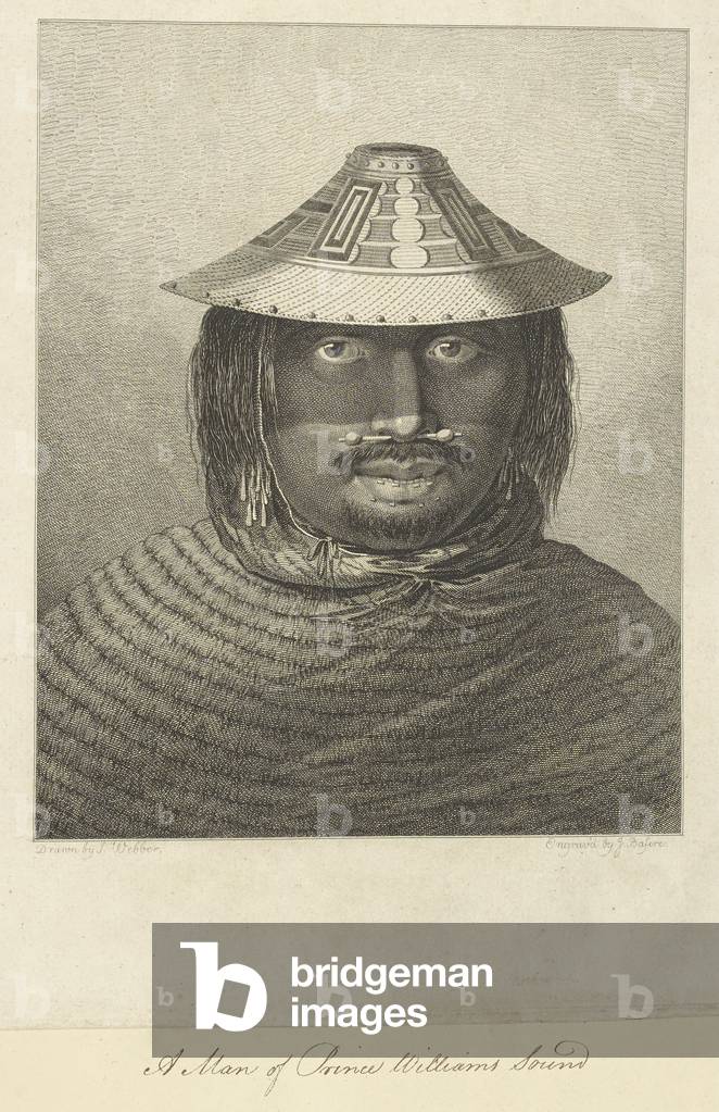 Un uomo del Principe Guglielmo Sound. Disegnato da John Webber e inciso da James Basire. Disegno della testa e