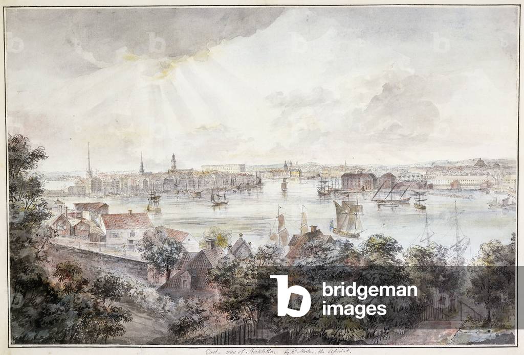 A View of Stockholm from Soder with the Royal Palace, Storkyrkan, Riddarholmskykan and Tskakykan,  (pen and gr