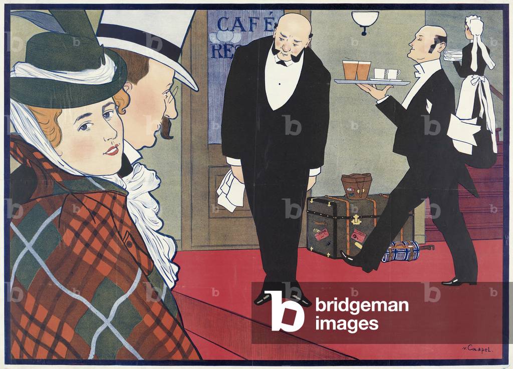Husband and wife greeted by head waiter as they enter restaurant