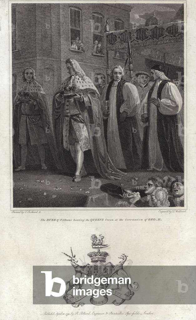 The Duke of St Albans carrying the Queen's crown at the coronation of King George II, 1727 (engraving)