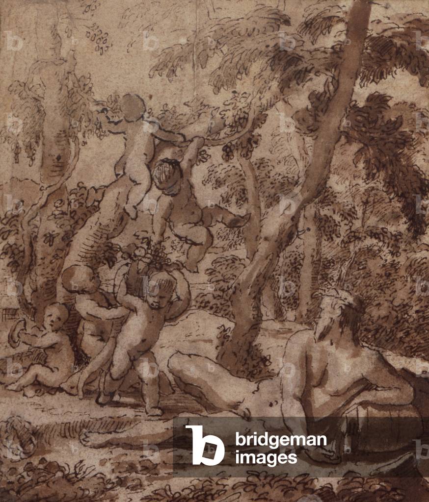 Un paesaggio boscoso con un dio fluviale e Putti, XVII secolo (penna e inchiostro)