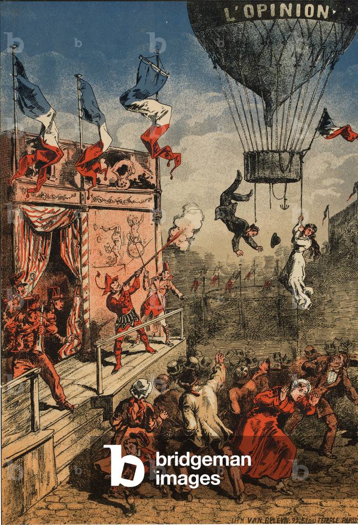 Impression humoristique d'un artiste de cirque sur une scène extérieure tirant sur un ballon 1870
