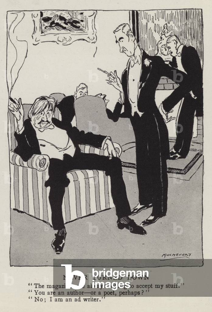 Image of Print depicting Ad writer boasting that his ideas never gets refused by magazines (litho) by American