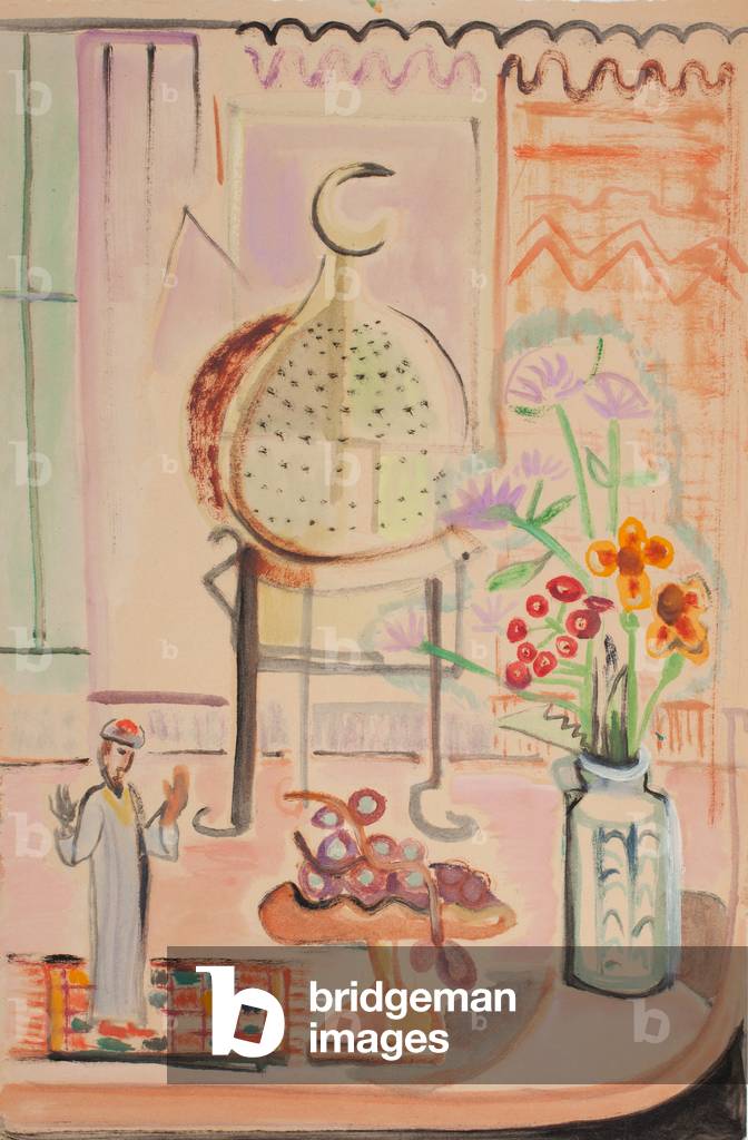 senza titolo ancora vita - fiori a destra uomo su tappeto a sinistra olio lavaggio su tessuto carta