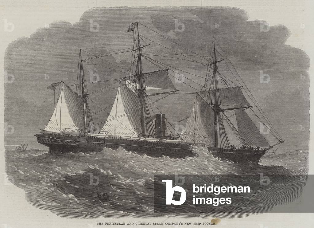 "The Peninsular and Oriental Steam Company New Ship Poonah (incisione)" 1862 di Edwin Weedon, b/w
