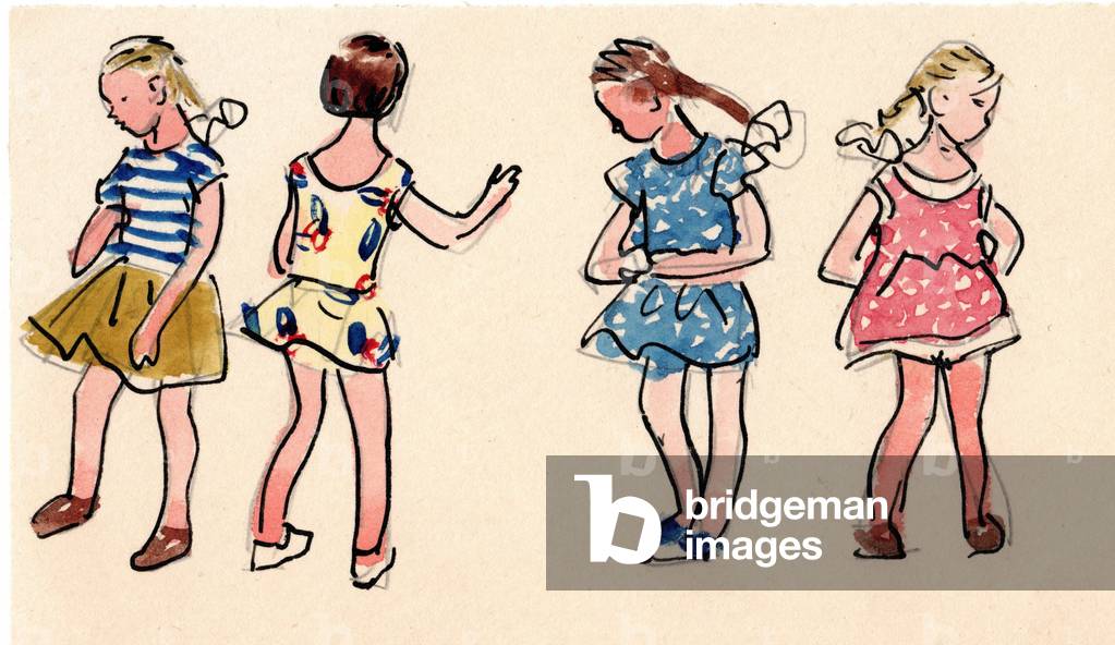 Vier junge Mädchen in Sommerkleidern, 1973 (Gouache auf Papier)