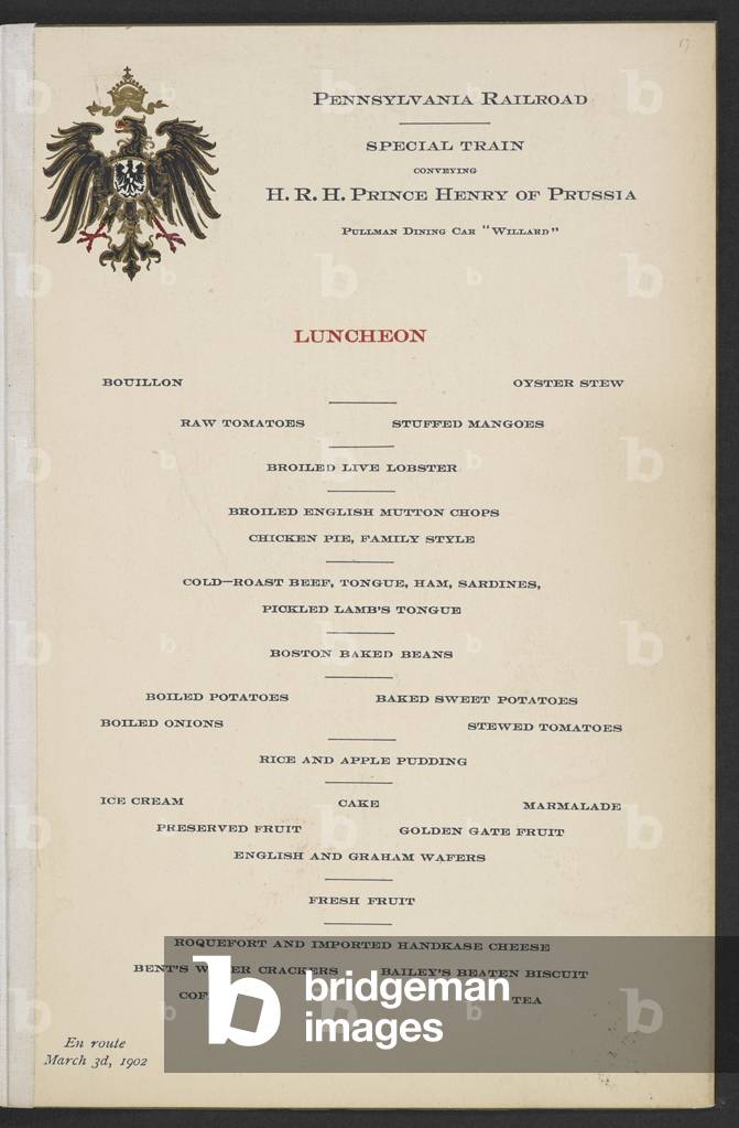 Luncheon. Pennsylvania railroad. Special train conveying H.R.H Prince Henry of Prussia. Pullmann dining car "W