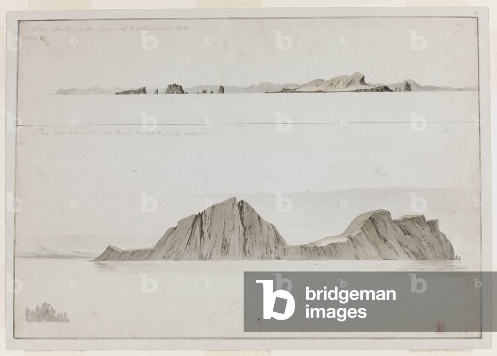 (Top): Isole e terraferma nello stretto di Schamagin. L'isola di Gore... Disegnato durante il terzo viaggio de